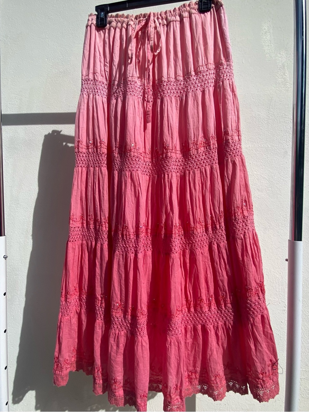 Y2K Boho Fairy Pink Ombré Sequin Embroidered Crochet Panel Maxi Skirt One Size